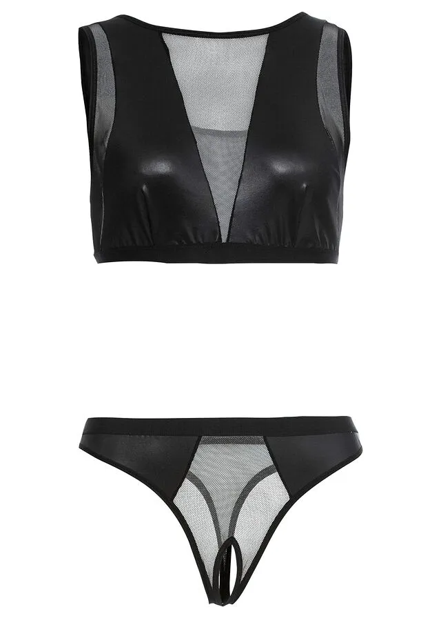 Bustier + tanga con abertura (conjunto de 2 piezas) Negro