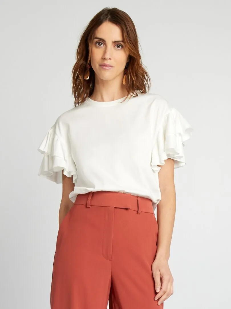CAMISETA DE CUELLO REDONDO CON VOLANTES EN LAS MANGAS  BLANCO