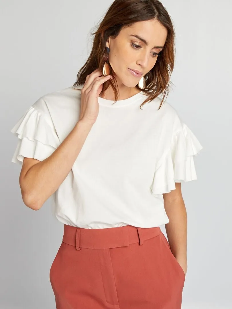 CAMISETA DE CUELLO REDONDO CON VOLANTES EN LAS MANGAS  BLANCO