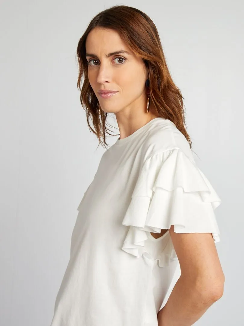 CAMISETA DE CUELLO REDONDO CON VOLANTES EN LAS MANGAS  BLANCO