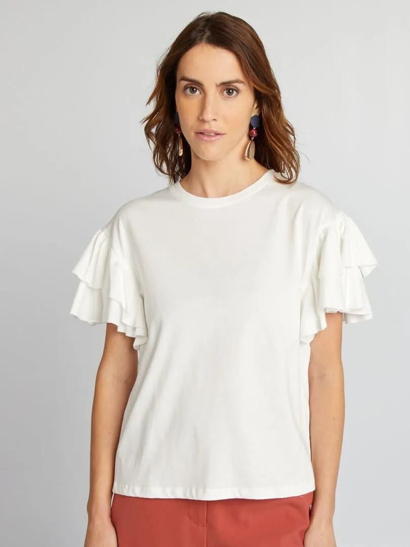 CAMISETA DE CUELLO REDONDO CON VOLANTES EN LAS MANGAS  BLANCO