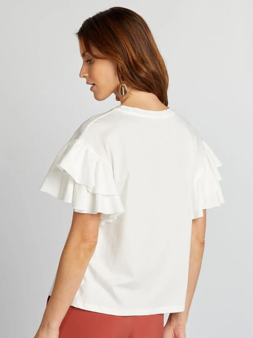 CAMISETA DE CUELLO REDONDO CON VOLANTES EN LAS MANGAS  BLANCO