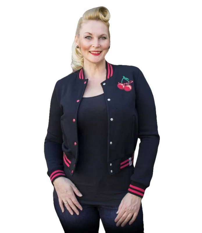 CHAQUETA BEISBOLERA PARA MUJER "CHERRY BOMB" (NEGRO) / LADIES SWEAT COLLEGE JACKET (BLACK)  RUMBLE59 RUM452