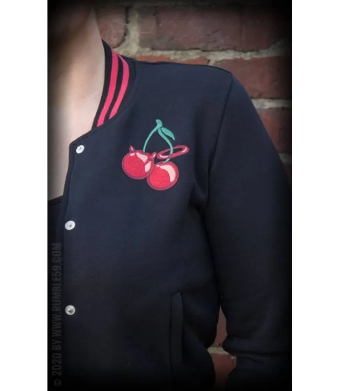CHAQUETA BEISBOLERA PARA MUJER "CHERRY BOMB" (NEGRO) / LADIES SWEAT COLLEGE JACKET (BLACK)  RUMBLE59 RUM452