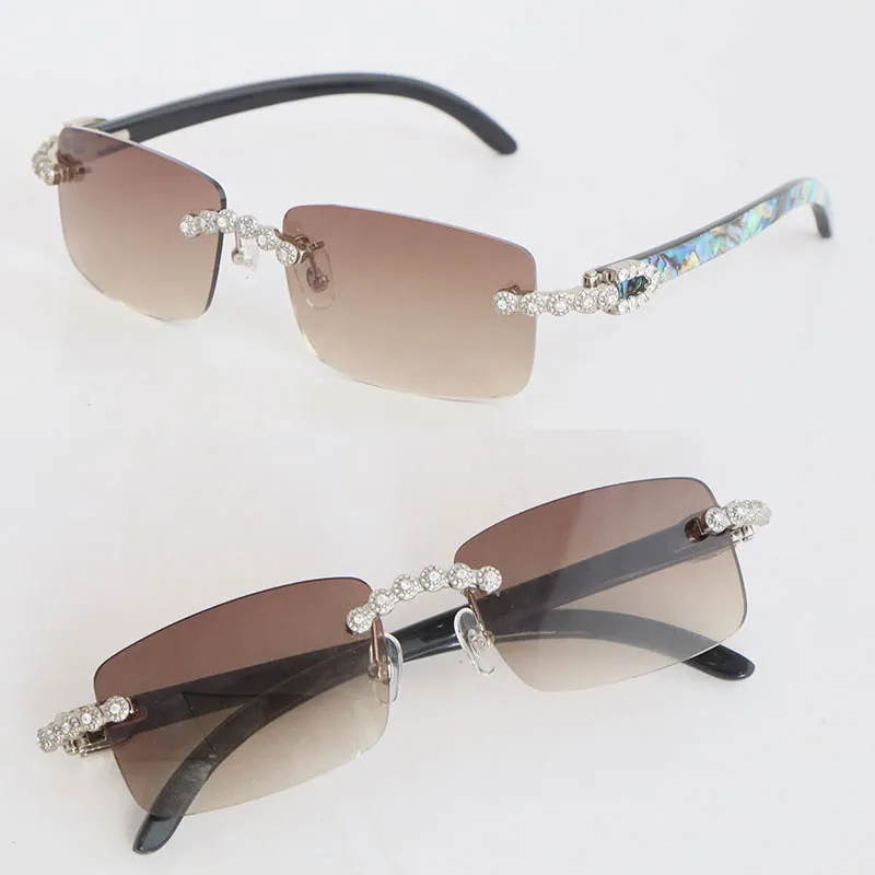 Gafas de sol sin montura hechas a mano con diamantes de lujo en quilates Diseñador de mujer Shell Inside Black Buffalo Horn Homb