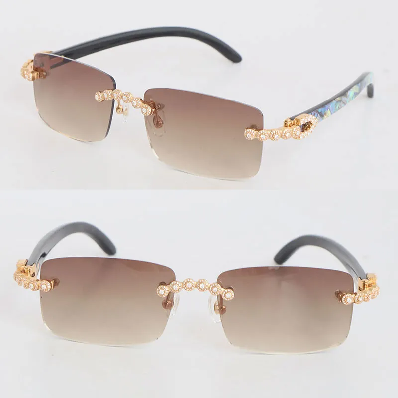 Gafas de sol sin montura hechas a mano con diamantes de lujo en quilates Diseñador de mujer Shell Inside Black Buffalo Horn Homb
