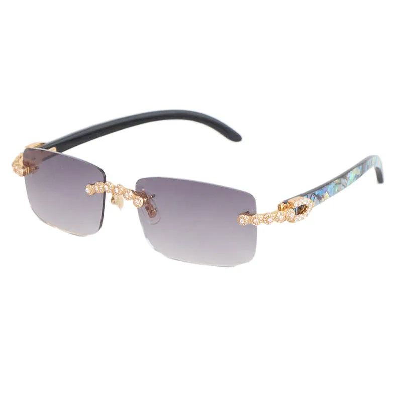 Gafas de sol sin montura hechas a mano con diamantes de lujo en quilates Diseñador de mujer Shell Inside Black Buffalo Horn Homb