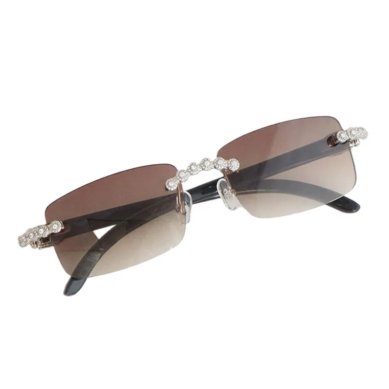 Gafas de sol sin montura hechas a mano con diamantes de lujo en quilates Diseñador de mujer Shell Inside Black Buffalo Horn Homb