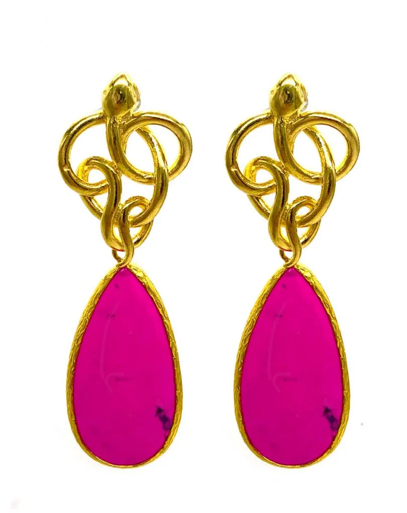PENDIENTES LÁGRIMA ROSA FUCSIA SOBRE SERPIENTE BAÑO ORO LARGOS