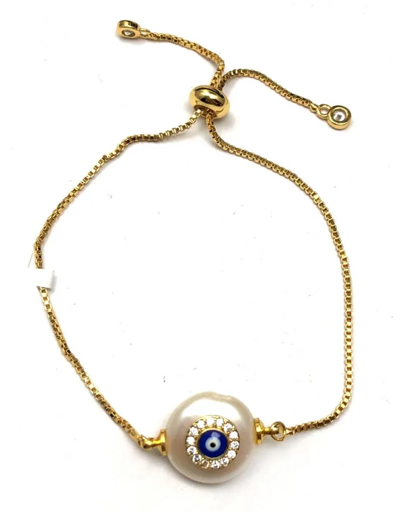 PULSERAS DORADAS CON PERLA Y OJO TURCO DE LA SUERTE