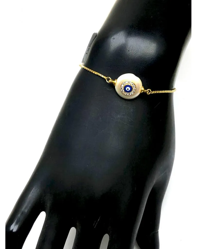 PULSERAS DORADAS CON PERLA Y OJO TURCO DE LA SUERTE