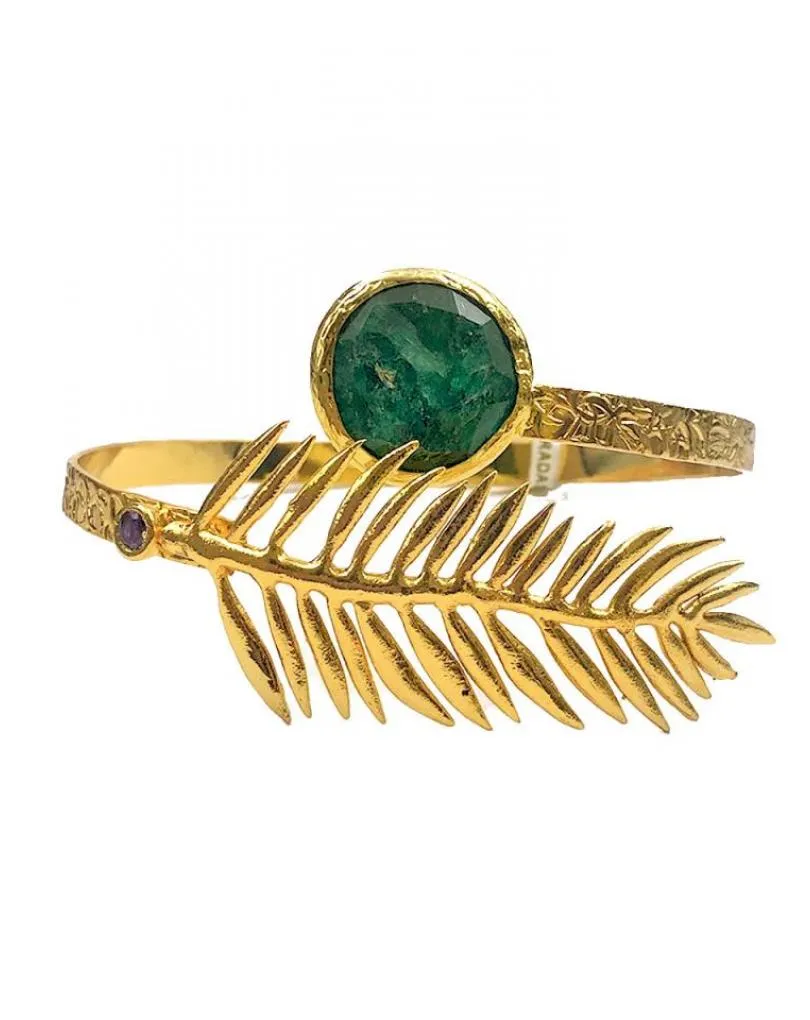 PULSERAS DORADAS DE MUJER CON HOJITA Y PIEDRA VERDE