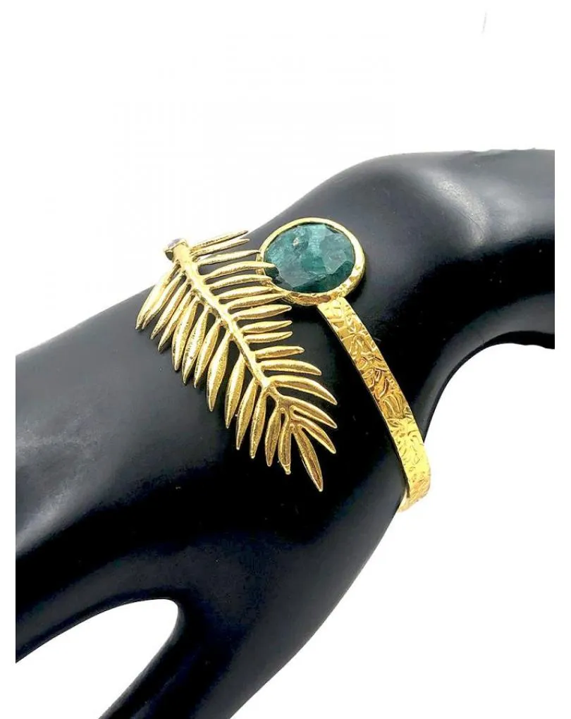 PULSERAS DORADAS DE MUJER CON HOJITA Y PIEDRA VERDE