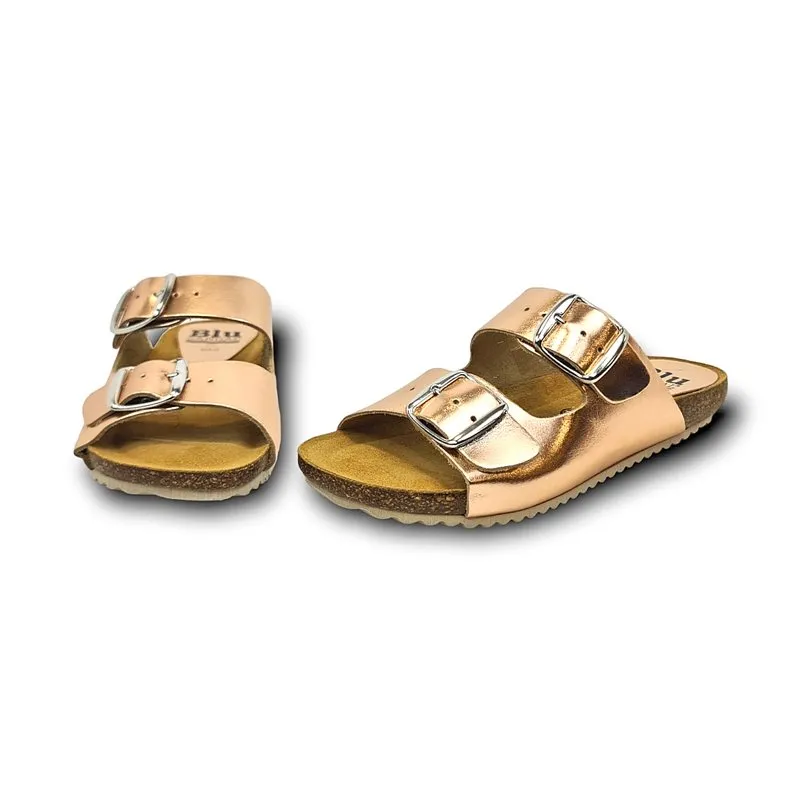 Sandalias Bio Mujer Piel Metalizada Suela De Corcho Plantilla Acolchada 896 Oro Rosado, de Blusandal