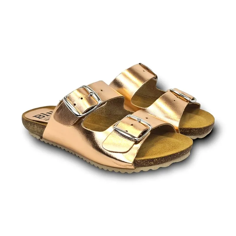 Sandalias Bio Mujer Piel Metalizada Suela De Corcho Plantilla Acolchada 896 Oro Rosado, de Blusandal
