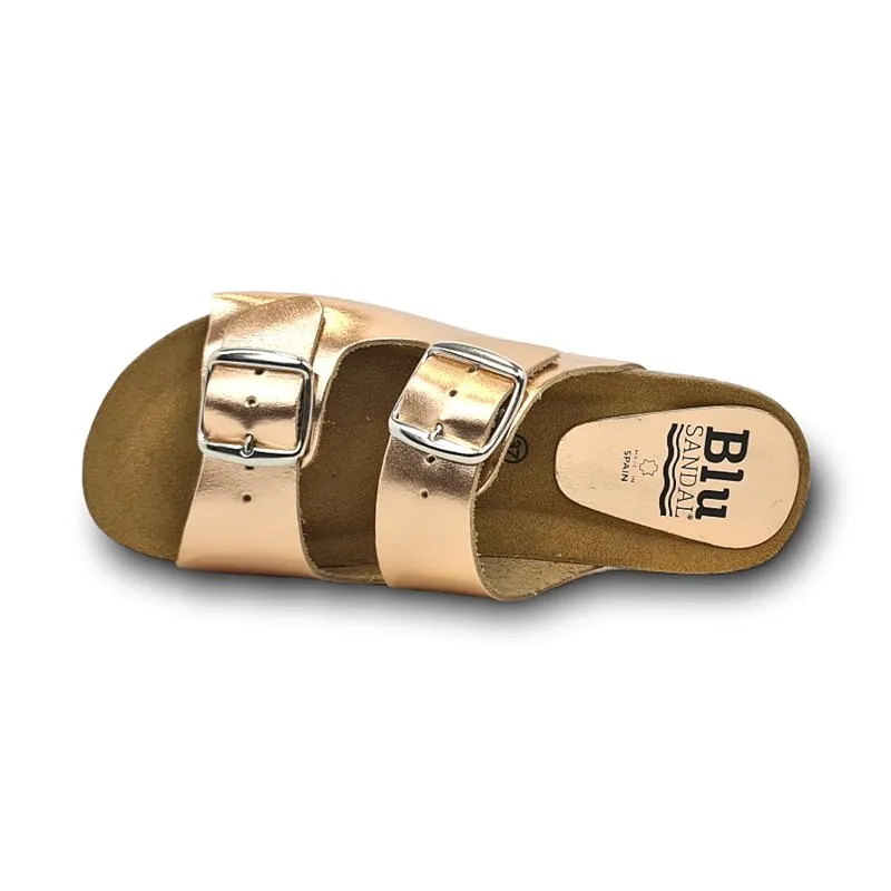 Sandalias Bio Mujer Piel Metalizada Suela De Corcho Plantilla Acolchada 896 Oro Rosado, de Blusandal