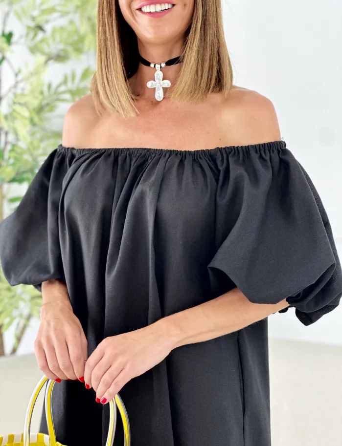 Vestido bardot lino negro