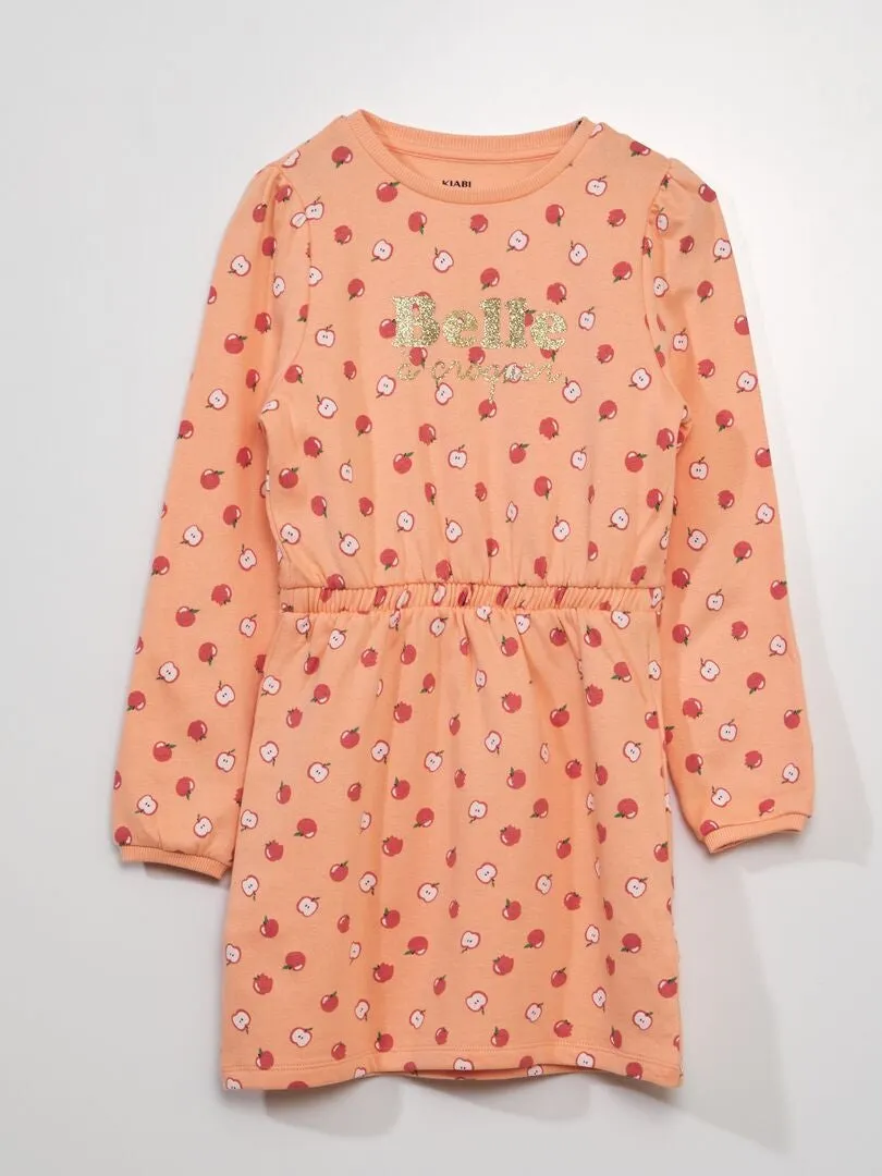 VESTIDO TIPO SUDADERA ENTALLADO ESTAMPADO  NARANJA