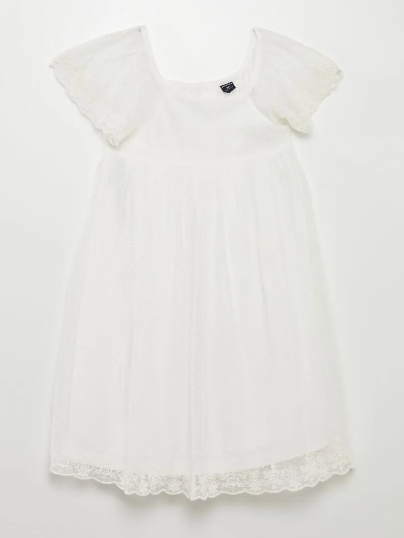 VESTIDO TRAPECIO DE TUL DE PLUMETI  BLANCO