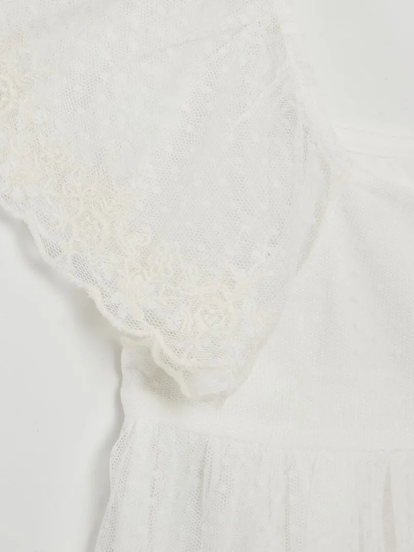 VESTIDO TRAPECIO DE TUL DE PLUMETI  BLANCO