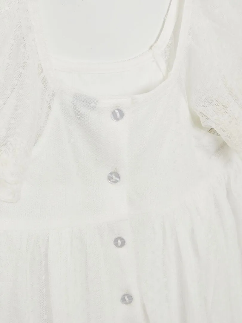 VESTIDO TRAPECIO DE TUL DE PLUMETI  BLANCO