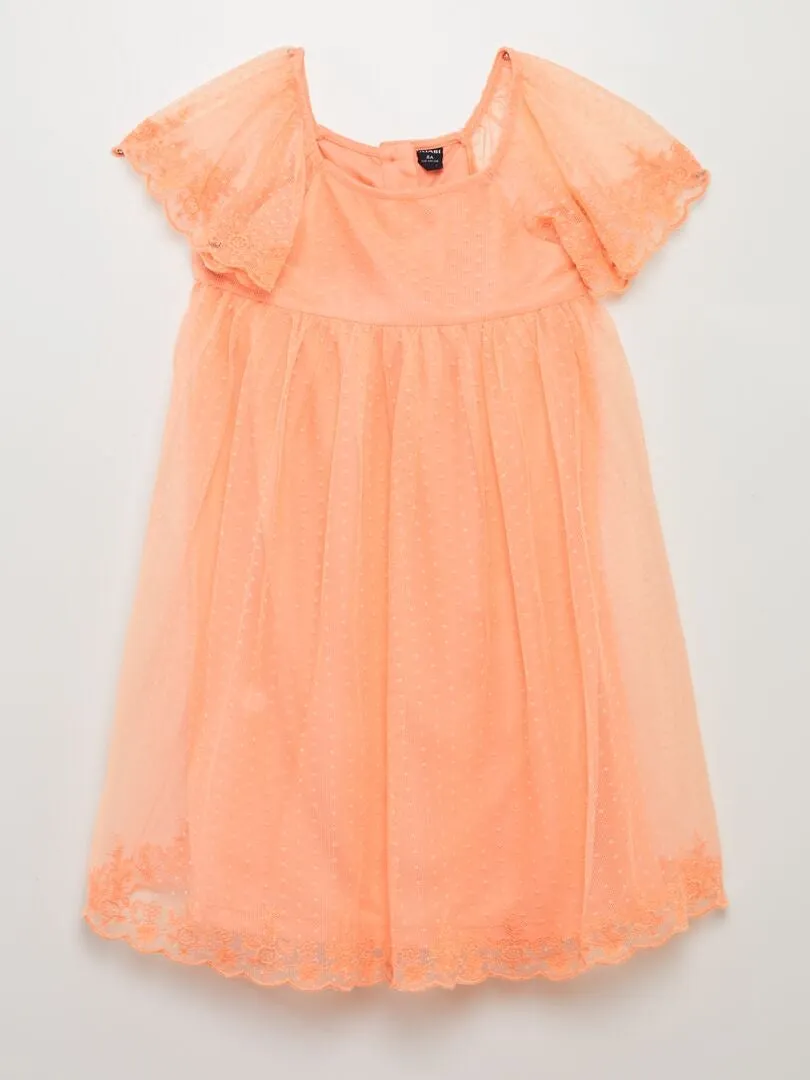 VESTIDO TRAPECIO DE TUL DE PLUMETI  NARANJA