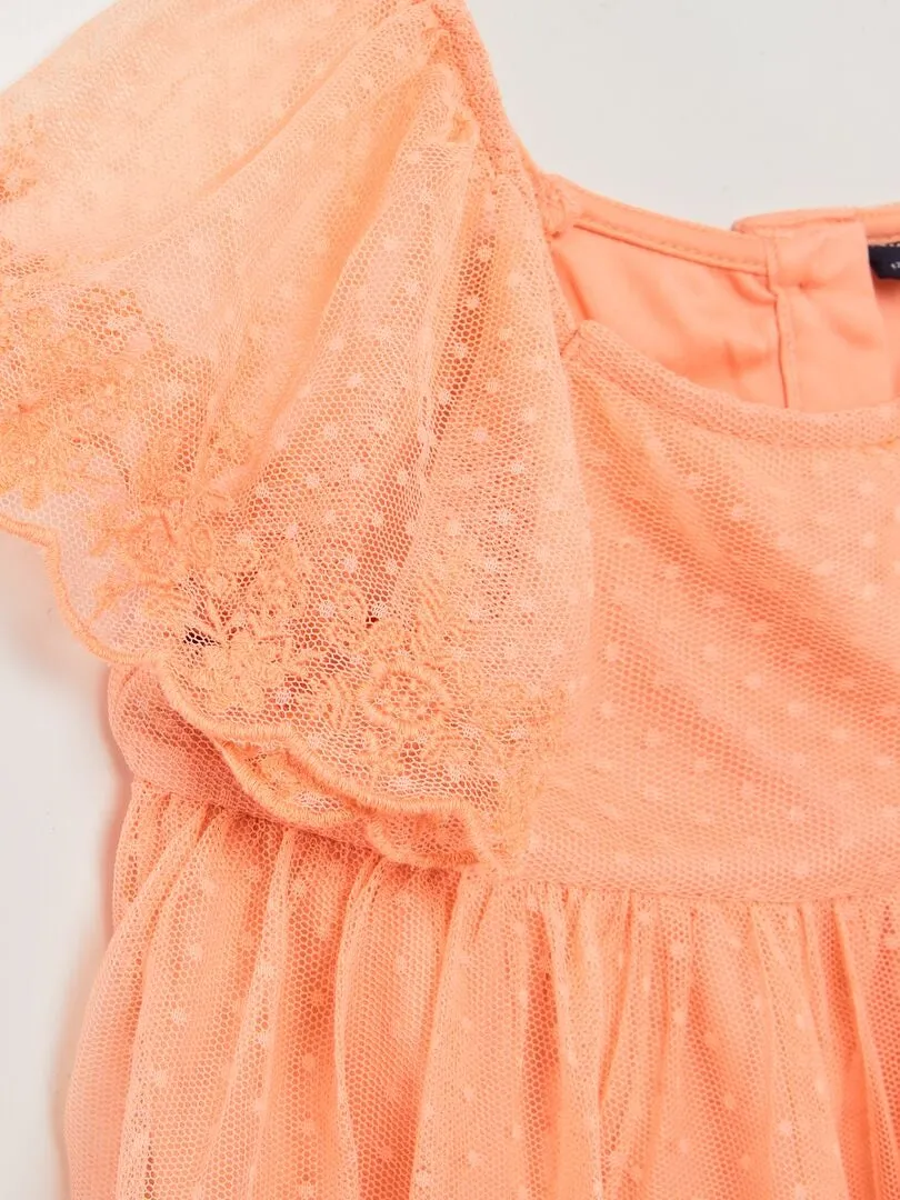 VESTIDO TRAPECIO DE TUL DE PLUMETI  NARANJA