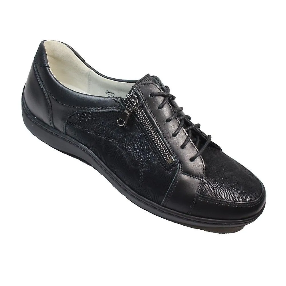 Women's Waldlaufer Henni | 496042 311 001 | Black Leather | Womens Wide Fit Lace Up Shoes