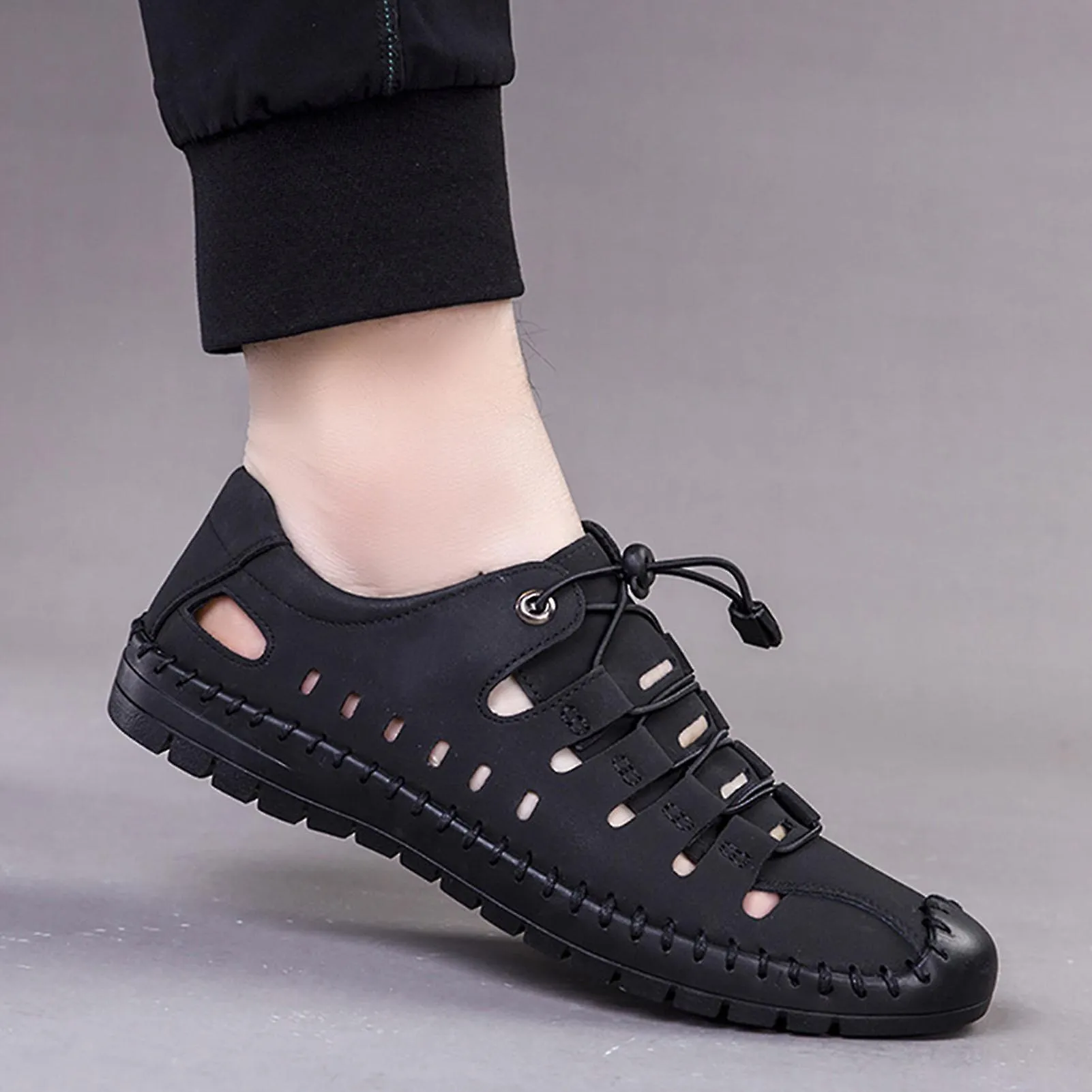 Wrapped Toe Hollow Leather Sandals For Men Hiking Shoes For Summer/beach